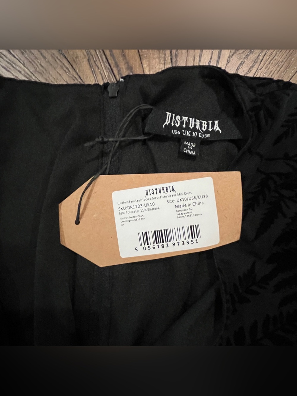 NWT Disturbia Lunafern Fern Leaf Flocked Mesh Flute Sleeve Black Mini Dress Sz 6 - Picture 11 of 13